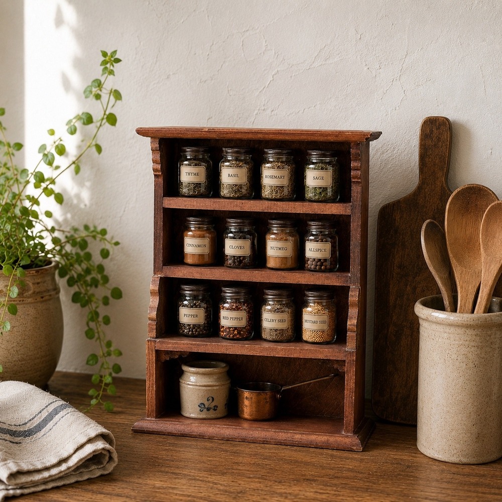 Wood Spice Shelf Display Rack Vintage Countertop Wall Organizer Trinket Shelf